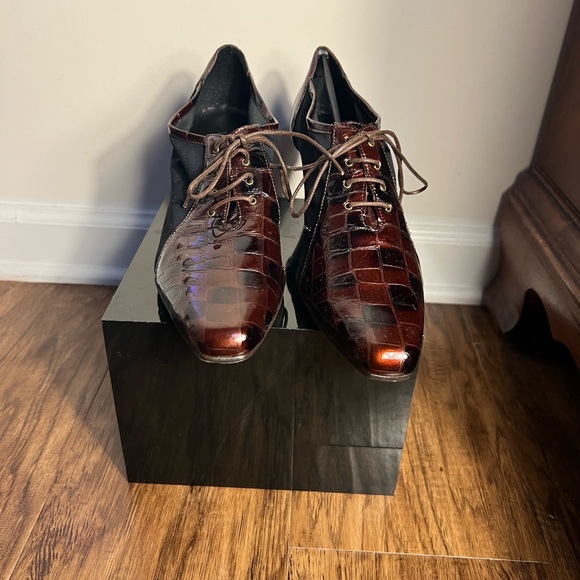 Vaneli Black and Brown Croc-Embossed Lace-Up Heels - Picture 3 of 7